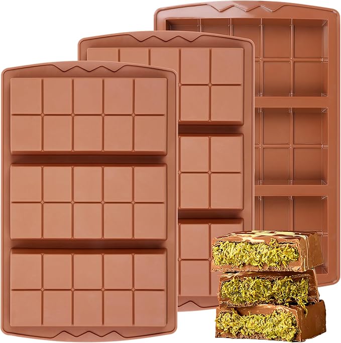 3 Pcs Dubai Chocolate Bar Mold Deep Silicone 0.85 Inch Large Stuffed Chocolate Molds Nonstick Break Apart Square Shape Thick Candy Bar Molds