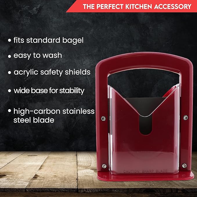 Slyce - Bagel Slicer, Bagel Cutter with Safety Shield and Safe Grip, Bagel Holder for Cutting Large and Small Bagels, Stainless Steel Blade (Red)