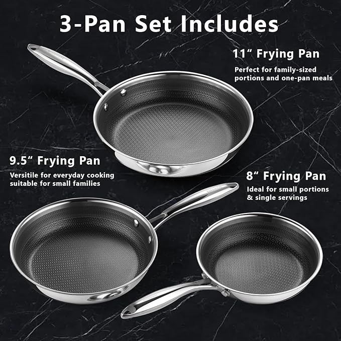 Non Stick Frying Pans Set, 8" 9.5" 11" Stainless Steel Pan Set, Ceramic Skillet with Stay-Cool Handle, Non Toxic, PFAS PFOA PTFE Free, Dishwasher Safe, Induction, Suitable with All Cooktops
