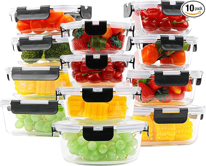 kakw12 Packs Glass Food Storage Containers,Glass Meal Prep Container for Lunch,can be used in the Microwave, Oven, Freezer and Dishwasher,with Upgraded Snap Locking Lids. (12 Packs)
