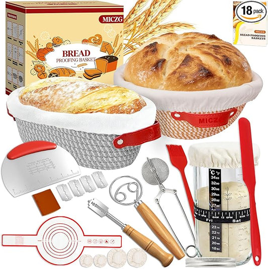 Sourdough Starter Kit,Banneton Bread Proofing Basket with Liner,Woven Bread Proofing Basket for artisan sourdough bread making,Sour Dough Bread Making Tools,Gifts for Bakers,Women,Mom,Wife