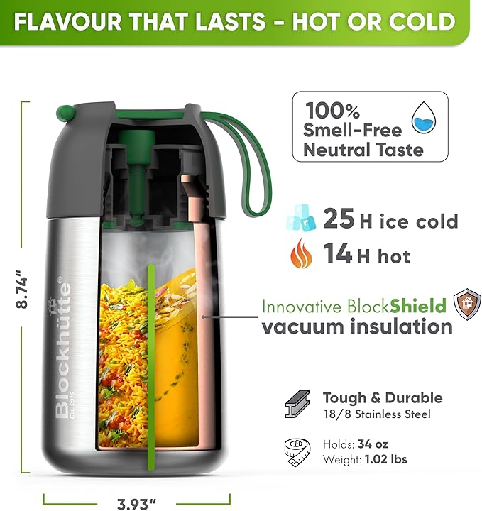 Blockhütte Thermos for Hot Food - 34 oz Vacuum Stainless Steel Thermal Lunch Box, Leakproof Soup Thermos, Wide Mouth Insulated Food Jar