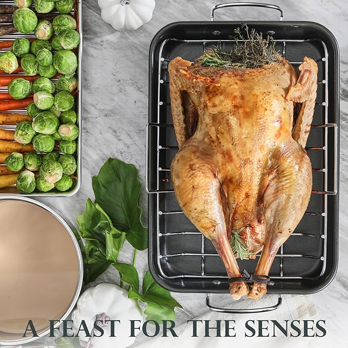 KITESSENSU Nonstick Roasting Pan with Rack 15 x 11 inch - Turkey Roaster Pan for Ovens - Wider Handles & Heavy Duty Construction, Gray
