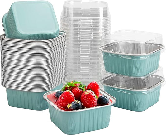 50 Pcs Mini Square Baking Cups with Lids,5oz Aluminum Foil Mini Cake Pans with Lids,Disposable Ramekins Cake Pans,150ml Dessert Cups Cupcake Pans for Wedding Birthday Party,Blue