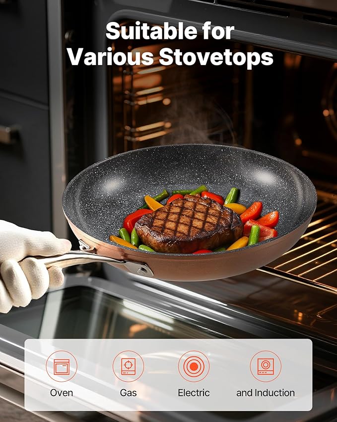 VEVOR Frying Pan Skillet, 3 Piece (8, 10, 12 in), Nonsitck Ceramic Heavy-Duty Skillets with Heat-Resistant Handle, Chef's Cookware, for Oven, Gas, Electric, Induction, Grey