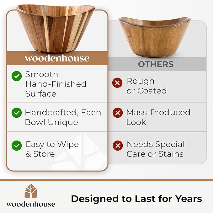 Woodenhouse Wooden Salad Bowl, Wooden Bowl, Fruit Bowl - 12" Wavy Large Salad Bowl for Serving, Handmade, Durable and Stylish Natural Wood Dining Accessory