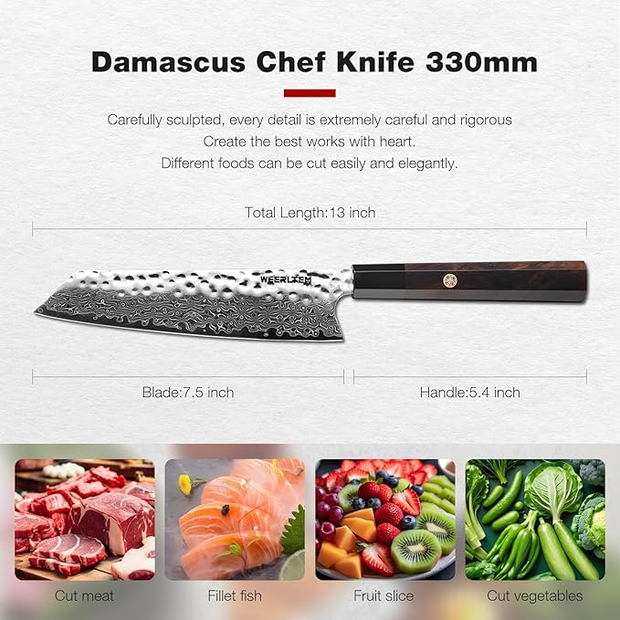 Kiritsuke Chef Knife 8 Inch, Hand-forged 67-Layer VG10 High Carbon Steel Japanese Damascus Chef Knife, Ultra Sharp Hammered Damascus Chef Knife with Octagonal Ebony Handle & Gift Box