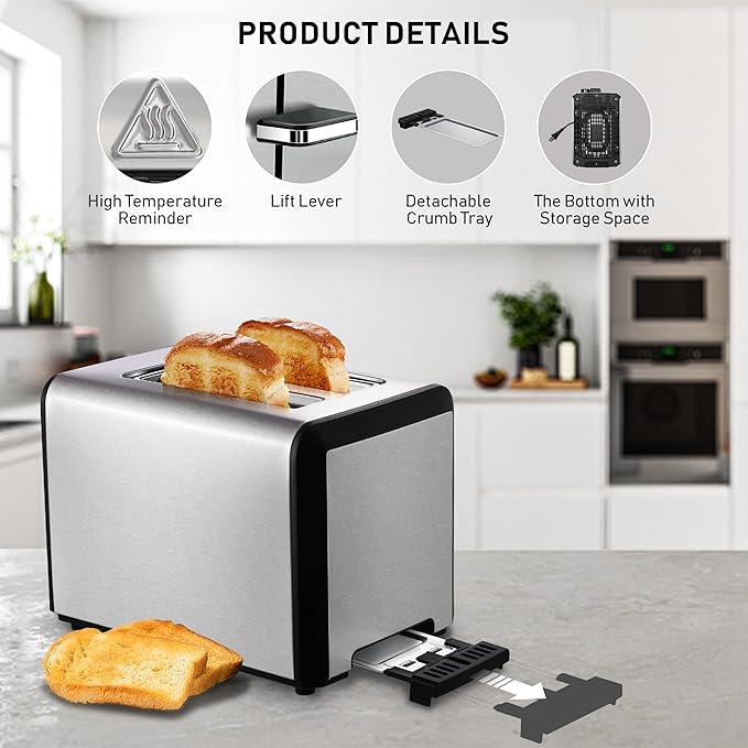 Toaster 2 Slice, Wide Slot Stainless Steel Toaster with 6 Browning Levels, Reheat & Defrost, for Bagel, Toast, Bread, Kitchen Essentials, Removable Crumb Tray (sliver)