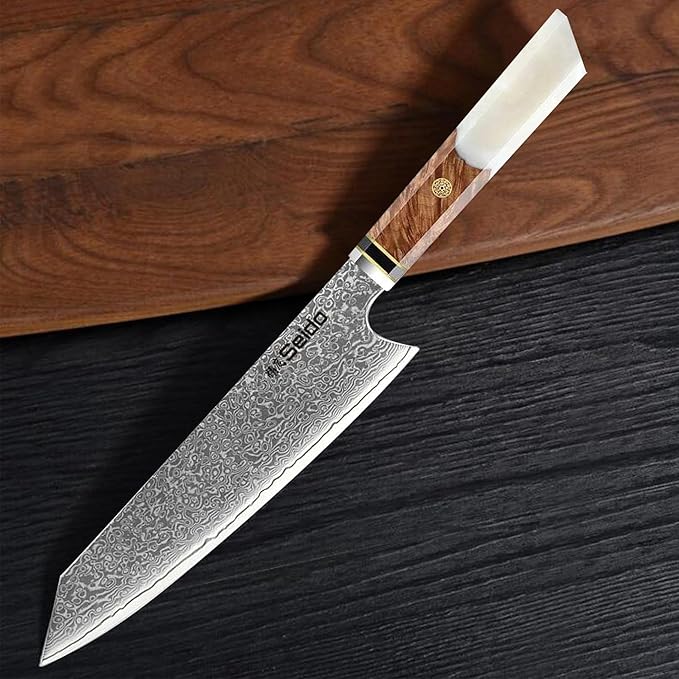 Seido Knives Kiritsuke Damascus Steel Chef Knife Epoxy Resin Stabilized Wood Handle Professional Kitchen Knife VG10 High Carbon Stainless Steel, Pearl White