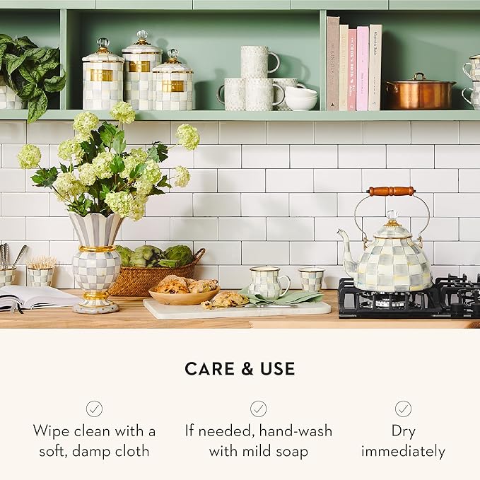 MACKENZIE-CHILDS Large Enamel Canister, Kitchen Storage Container for Flour and Sugar, 1.89 Liters, Grey-and-White Sterling Check