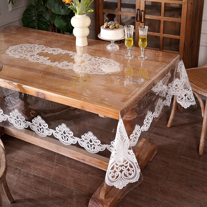 Clear Table Cover Protector Vinyl Table Cloth Rectangle Oil Spill Proof Vintage Rustic Plastic Table Covers for Dining Tables (White Lace, 60 x 104 Inches)