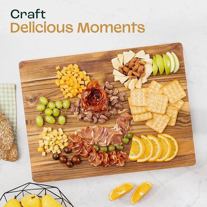 Yes4All Solid Teak Cutting Boards for Kitchen, [17''L x 13''W x 1.5” Thick] Medium Edge Grain Butcher Block Cutting Board, Food Safe Surface Wood Cutting Boards with Juice Grooves and Easy Grip Handle