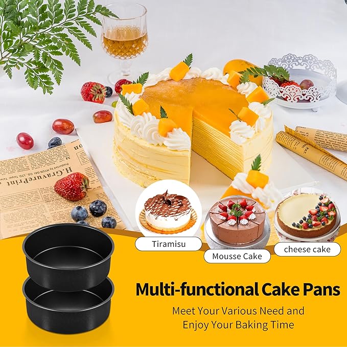 P&P CHEF Non-stick Cake Pan Set of 2,6 Inch Round Baking Cake Pans Tins for Tier Smash Cakes, Non-Toxic & Solid, Stainless Steel Core & Leak-Proof, 2Pcs