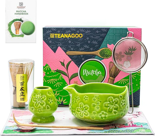 TEANAGOO 7-PCS Green Matcha Whisk Set with Cherry Blossom Design, Complete Ceremony Kit, Ceramic Chawan Bowl with Spout, Whisk & Accessories, Traditional Matcha Tea Set for Lattes& Gift Giving