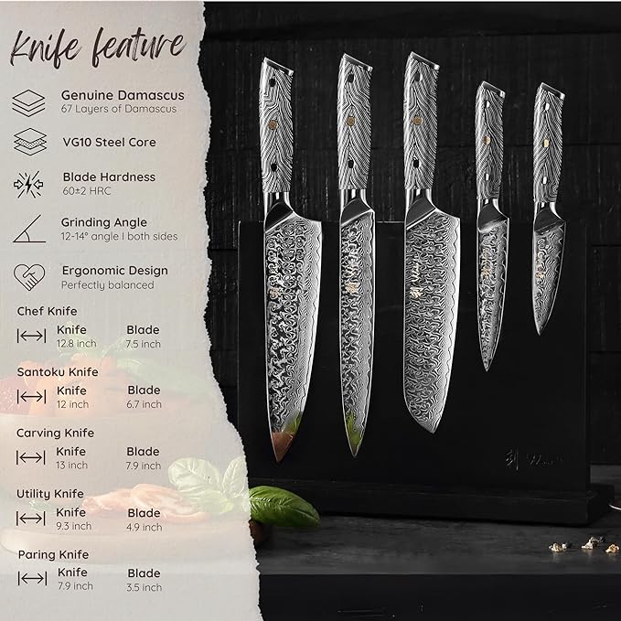 Wakoli Damascus Knife Block Set – 5-Piece Professional Chef Knife Collection with Magnetic Block | Genuine 67-Layer Damascus Steel Blades with VG10 Core | Ergonomic G10 Handles (Noir Blanc)