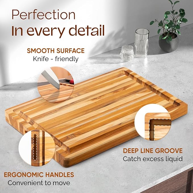 Yes4All Solid Teak Cutting Boards for Kitchen, [24''Lx18''Wx1.5”Thick] Extra Large Edge Grain Butcher Block Cutting Board, Food Safe Surface Wood Cutting Boards with Juice Grooves and Easy Grip Handle