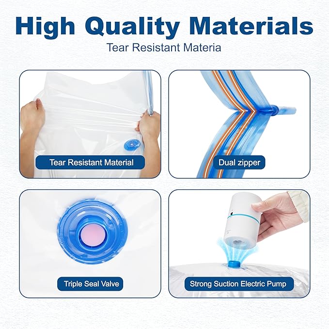 HOUSE DAY 18 Pack Vacuum Storage Bags with Electric Pump, Valve, Space Saver Vacuum Seal Bags for Clothing, Comforters, and Travel Essentials 3 Jumbo,3 Large,3 Medium,3 Small/3 Small,3 XS Roll Up Bag