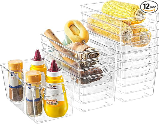 Clear Plastic Storage Bins, 12 Pack Acrylic Pantry Organizer and Storage Bins, Fridge Organizer, Small Plastic Containers Bins with Handles, CabinetOrganizer for Kitchen,Bathroom,Refrigerator,Shelves