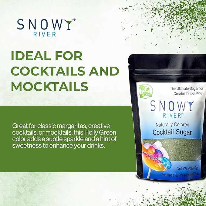 Snowy River Holly Green, Cocktail & Margarita Sugar Rimmer - Vibrant Color Glass Rimming Sugar with Medium Crystal Texture - 4oz