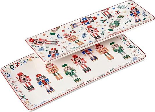 Bico Christmas Soldier Ceramic 14 inch Rectangular Serving Platter, Set of 2, for Serving Salad, Pasta, Cheese, Ham, Appetizer, Microwave & Dishwasher Safe