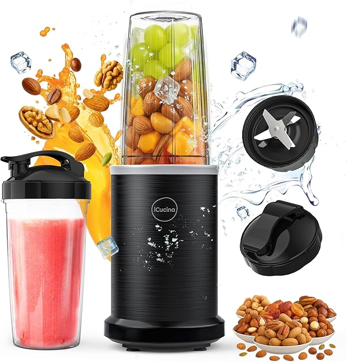 iCucina Smoothie Blender, 1000W Personal Blender for Shakes and Smoothies with 2 x 32oz Protable Cups and Lids, Single Serve Blenders for Ice Crushing, Bean Grinding, Frozen Fruit Drinks, Black