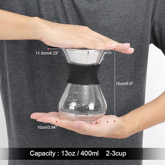 Joyzan Pour Over Coffee Maker, High-Heat Paperless Glass Drip Dripper Brewer Carafe with Reusable Stainless Steel Filter Scale Line Paperless Removable Portable Pot Set Clear Camping Hiking 400ML