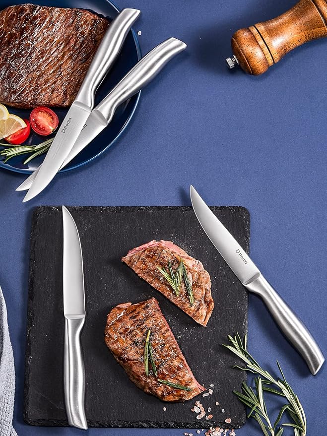 D.Perlla Steak Knives, Super Sharp Straight Edge Steak Knife Set of 8, Professional Straight Edge Kitchen Table Dinner Knives, Elegant High Carbon Stainless Steel Kitchen Steak Knife Set, 4.5IN