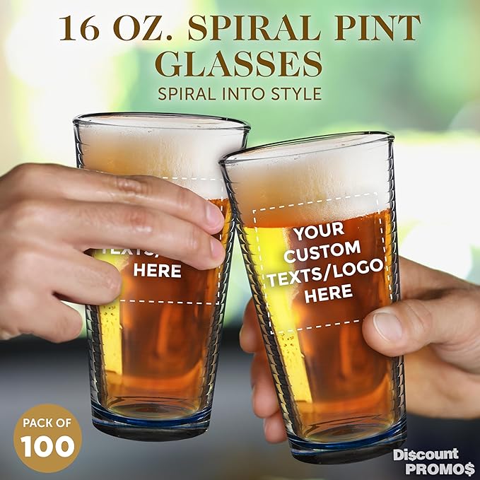 Custom Spiral Pint Glass 16 oz. Set of 100, Personalized Bulk Pack - Beer Glasses, Heavy Duty Drinkware - Blue