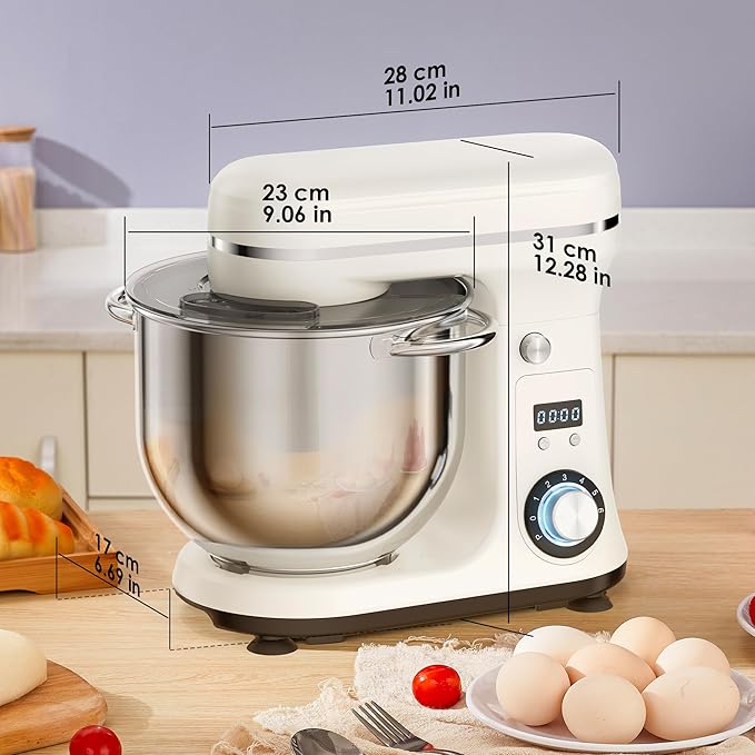 Biolomix Kitchen Electric Stand Mixer, 6 Speed Tilt Head Food Mixer with 6.5 QT Stainless Steel Bowl, Dough Hook, Flat Beater, Whisk and Anti Splash Cover, (6.5QT, White)