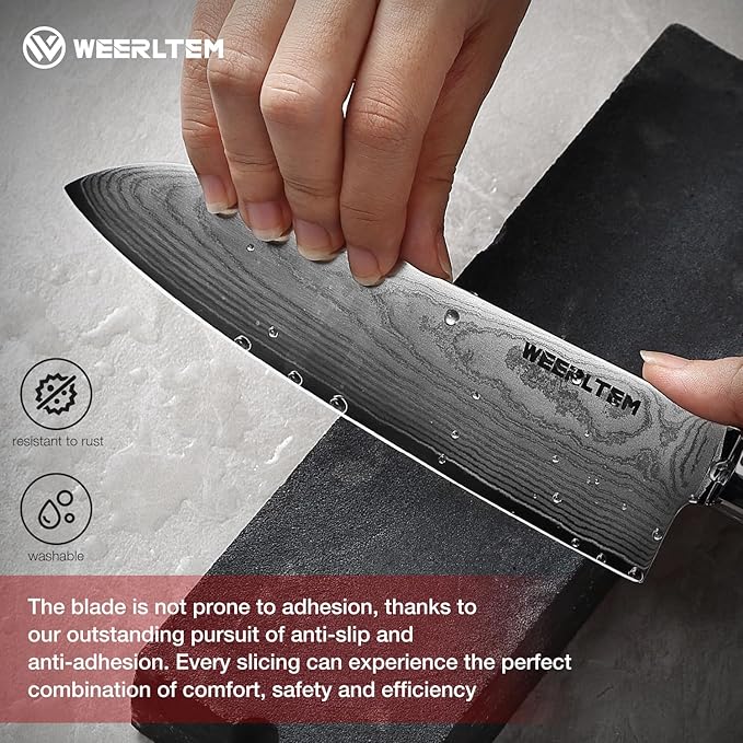 Japanese Damascus Santoku Chef Knife 7''（Mirror finish blade）, 67-Layer VG10 Damascus steel & Black G10 Handle for Cooking Kitchen (Gift Box)