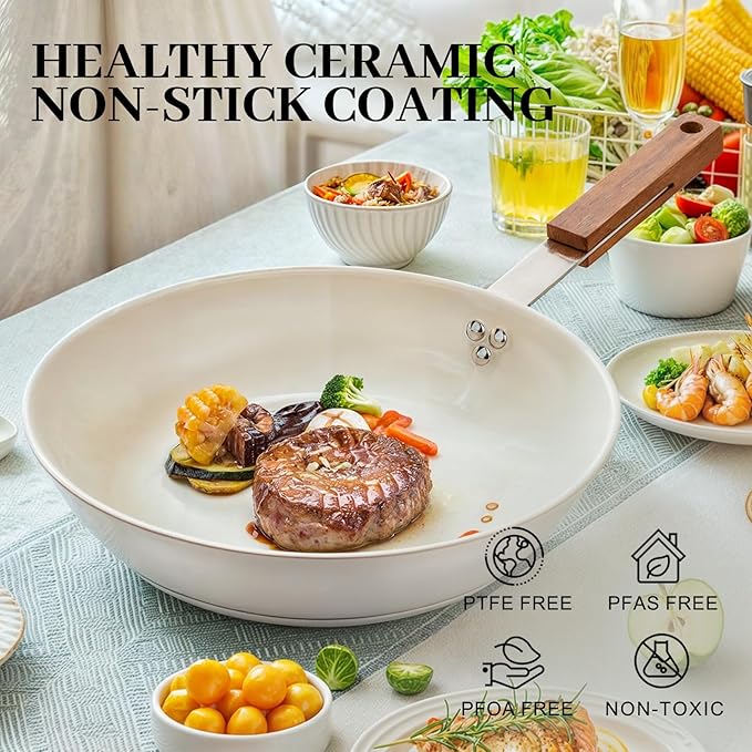 MARSKITOP 9.5" Stainless Steel Frying Pan Skillet with Healthy Ceramic Nonstick Coating and Wooden Handle - Non Toxic and PFAS Free - Compatible with All Cooktops