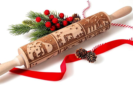 17" Premium Wooden Rolling Pins for Baking with Nativity Embossed Designs | 3mm Deep Springerle Cookie Molds | Christmas Rolling Pin & Baking Gifts for Women | Includes 3-in-1 Cleaning Brush ﻿