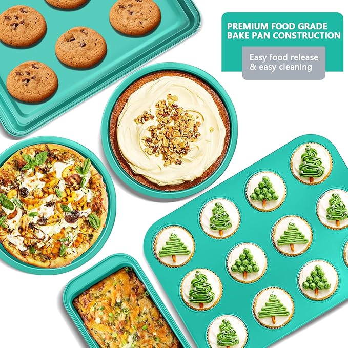 10-Piece Nonstick Bakeware Set Baking Pans, Baking Sheets, Cookie Sheets, Muffin Pan, Bread Pan, Pizza Pan, Cake Pan and Cooling Rack, Oven Safe/0.8mm Thick/Dishwasher Safe/Heavy Duty