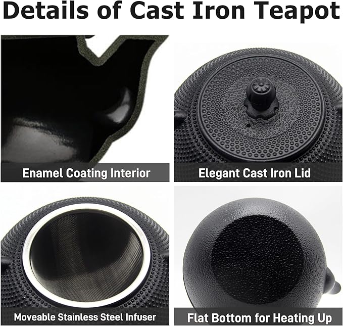 YJX Cast Iron Tea Pot Set, Japanese Tetsubin, 40.6oz Tea Kettle for Stovetop, Black Teapot with Stainless Steel Infuser for Loose Leaf Tea, 1200ml Small Asian Tea Set with Teacups