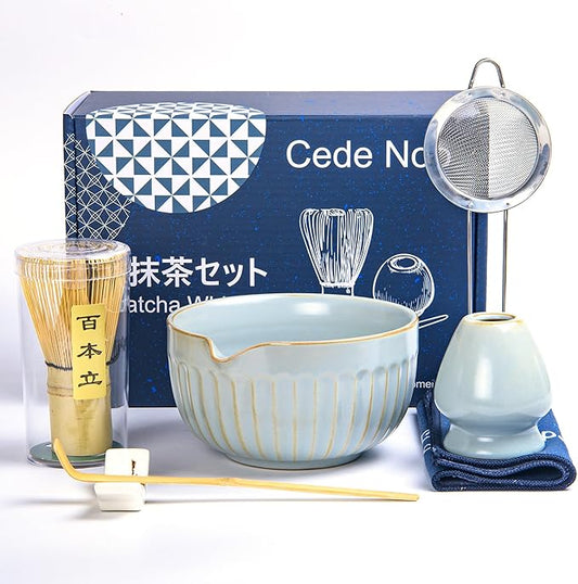 Matcha Whisk Set, Japanese Tea Ceremony Kit, 18oz Spout Bowl, Bamboo Whisk Scoop, Ceramic Holder Sifter Towel,7 pcs Matcha Tea Kit for Matcha Lovers, Christmas, Birthday Gift(Sky Blue)
