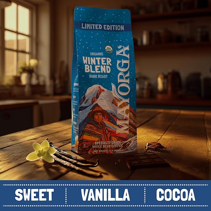 Mayorga Seasonal Dark Roast Coffee, 2 lb bag - Winter Blend Coffee Roast - 100% Arabica Whole Coffee Beans - Bold & Smooth Organic Coffee - Specialty Grade, Non-GMO, Direct Trade, Kosher