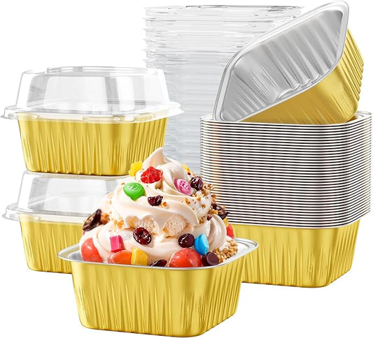 40 Pack 5 OZ Mini Cake Pans with Lids, Disposable Square Aluminum Foil Brownie Baking Cups, Mini Aluminum Foil Cupcake Muffin Tin Ramekins, Flan Molds Cake Containers for Wedding Birthday Party
