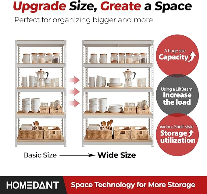 HOMEDANT White 5 Tier Laminated Boltless Heavy Duty Garage Storage Adjustable Wide Size Metal Shelving Unit Utility Rack Shelves Organization Shelf Shed Warehouse 47.7" W x 24.1" D x 71.3" H 4Pack
