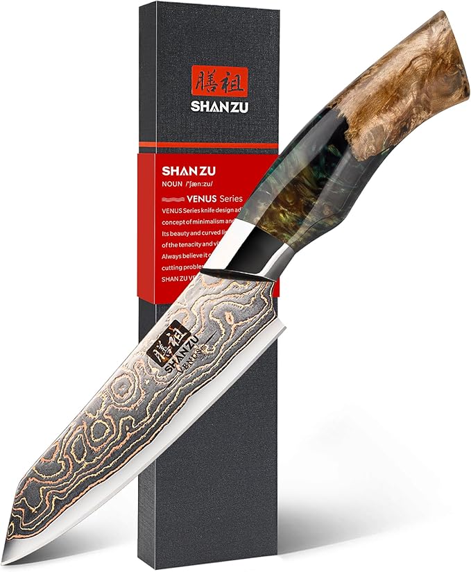 SHAN ZU Damascus Paring Knife 3.74 Inch, Japanese Paring Knives Copper & Damascus Steel High Carbon 33 Layer Hand Forged, Ultra Sharp Fruit Knife Carving Knives with Maple Wood Handle