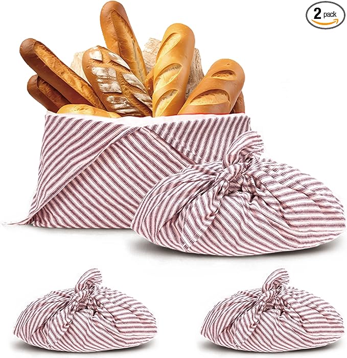 yeload 2 Pack Beeswax Bread Bags, Striped Linen Bento Bags, 14" Cotton Loaf Bag, Reusable Organic Food Storage, Sourdough Bag, Rustic Farmhouse Azuma Bukuro Origami Wrap for Baked Gifts (Red, 2)