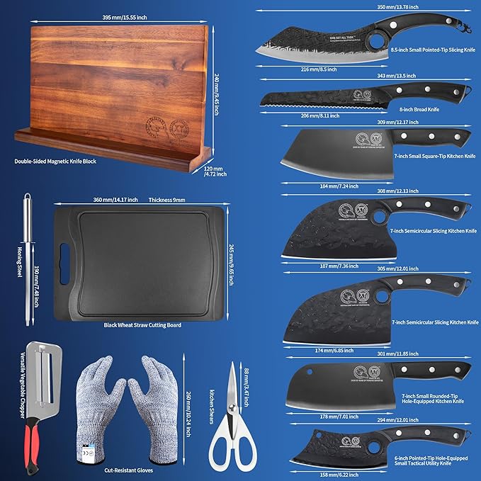 XYJ Knife Block Set, Full Tang Kitchen Knives Set with Block, Sharpening Stick, Chopping Board, Scissors, Mini Knife, Gloves, Cleaning Cloth, Pakkawood Handle Knives