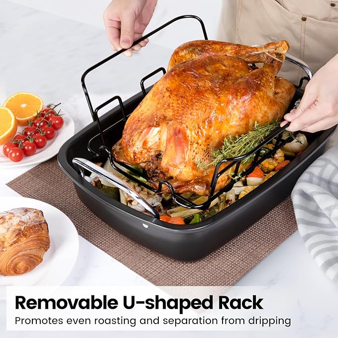 Nonstick Roasting Pan with Rack, Turkey Roasting Pan for Oven, Large Roaster Pan with Handle for Chicken, 17 X 13 Inch, Carbon Steel, Dark Grey