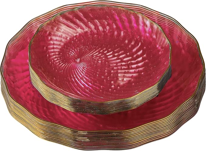 PLASTICPRO 60 Pack Plastic Plates Set of 30-10 inch Plates and 30-7 inch Plate, Elegant Clear Pink Spiral and Gold Rim Disposable Fancy Dishes Heavyweight