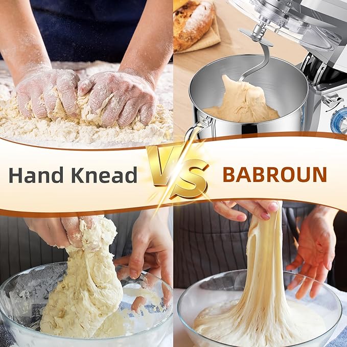 Dough Mixer 8.45 QT Electric Mixer - 660W 6 Speed Large Capacity Kitchen Stand Mixer with Whisk Dough Hook Mixing Beater Household Food Mixer for Baking Cakes Cookie Bread Salad (Silver)