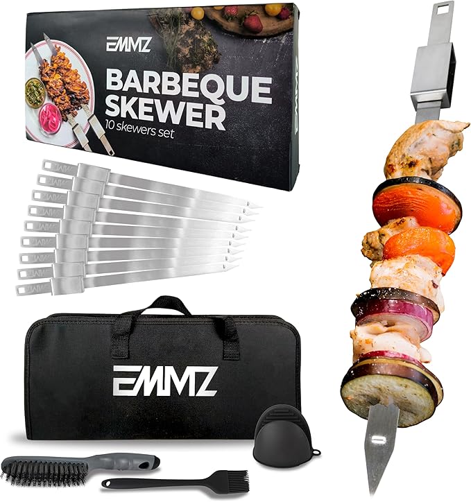 Grilling Skewer–16.5"flat metal skewers with removable Slider (set of 10) Storage Bag stainless steel skewers for BBQ-kebab koobideh-Skewers for kabab Barbecue meat vegetable-Grill sticks for camping