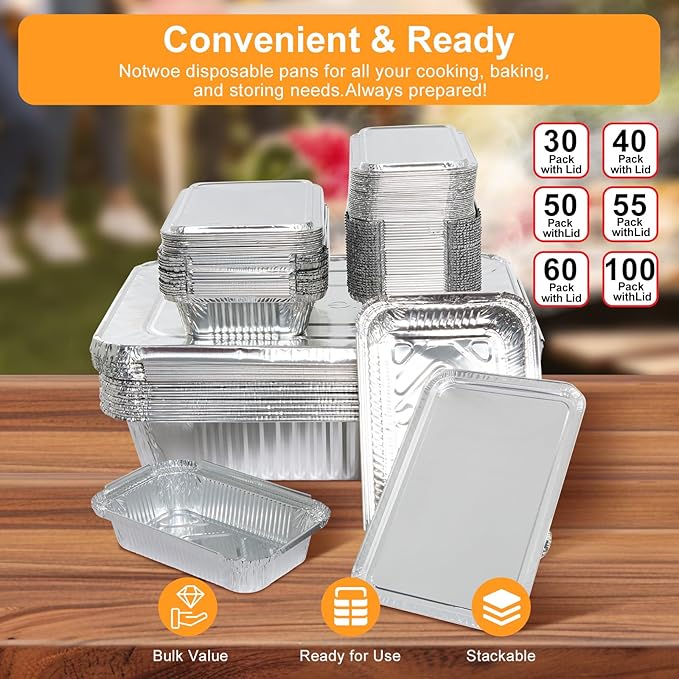 Notwoe® 40pc Disposable Aluminum Pans With Lids, 9x13 (20pc) And 8.2x5.7 Square (20pc) Combo Set, Disposable Baking and Cake Pan. (40 Pack w/Lids)
