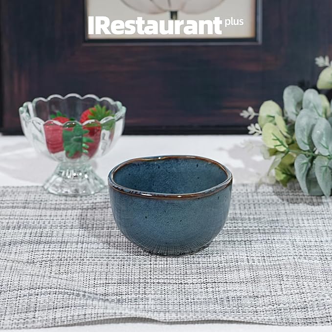 Organic Shape Restaurant Bouillon Cup 9oz, Commerical Grade Catering Stoneware Dip Bowls in Ir-regular Organic Shape, Chip & Scratch Resistant, Glossy Reactive Glaze Blue, Case of 24