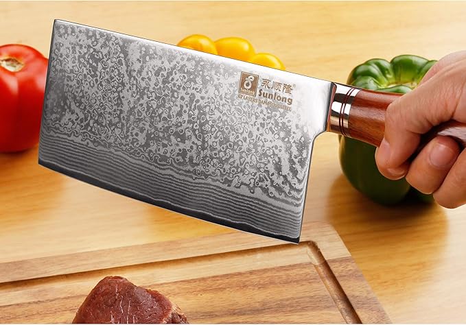 SUNLONG Meat Cleaver 7 inch Chinese Vegetable Cleaver -Japanese Hammered Damascus Steel-Bloodwood Handle