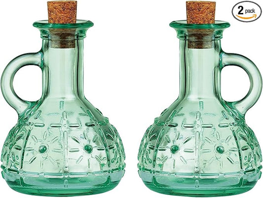 Bormioli Rocco Set Of 2 Country Home Olivia Oil Bottle, 7-ounce Cruet With All Natural Cork Lid, Blue-green Tinted Star Glass, Elegant And Floral Design, Made In Italy.