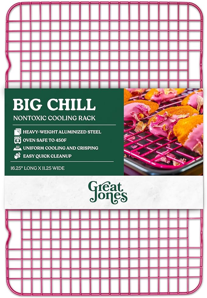 Great Jones Big Chill Wire Cooling Rack (Raspberry) – 16.9" × 11.4" Heavy-Weight Aluminized Steel,Nonstick Baking Rack – Oven Safe 450 °F, Bacon & Cookie Cooling Rack – Fits Half Sheet Pans